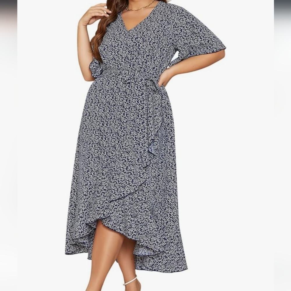Elegant Blue Floral Wrap Dress